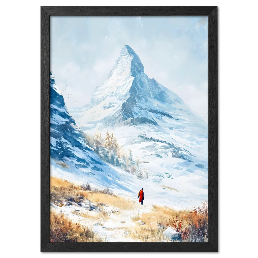 Approaching Matterhorn - Poster featuring a snowy mountain landscape with a figure in a red coat walking through the snow.