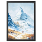 Approaching Matterhorn - Poster featuring a snowy mountain landscape with a figure in a red coat walking through the snow.