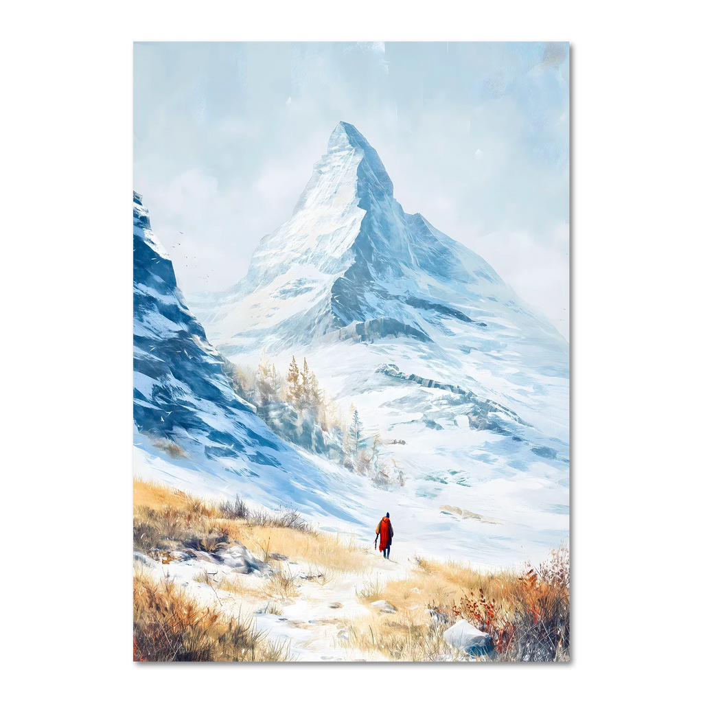 Approaching Matterhorn - Poster featuring a snowy mountain landscape with a lone figure in a red coat.