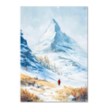 Approaching Matterhorn - Poster featuring a snowy mountain landscape with a lone figure in a red coat.