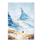 Approaching Matterhorn - Poster featuring a snowy mountain landscape with a lone figure in a red coat.