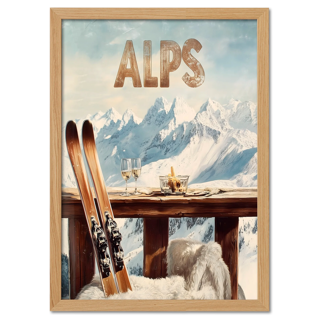 Après-Ski Alps Delight - Poster featuring skis, wine glasses, and a scenic view of the snowy Alps.