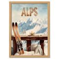 Après-Ski Alps Delight - Poster featuring skis, wine glasses, and a scenic view of the snowy Alps.