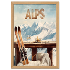 Après-Ski Alps Delight - Poster featuring skis, wine glasses, and a scenic view of the snowy Alps.