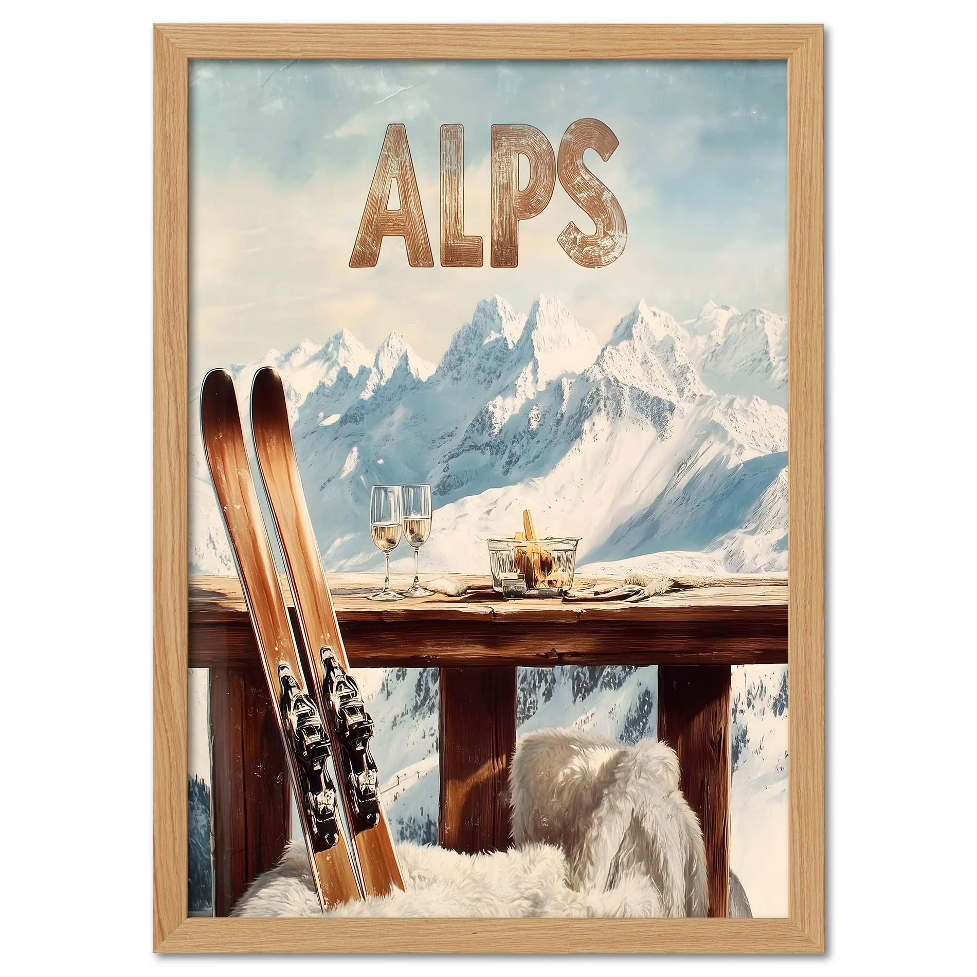 Après-Ski Alps Delight - Poster featuring skis, wine glasses, and a scenic view of the snowy Alps.