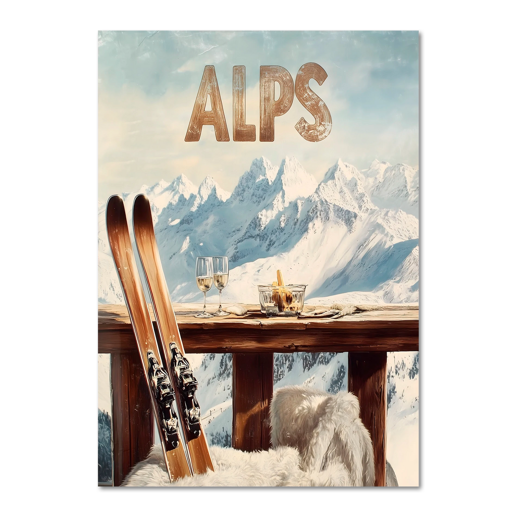 Après-Ski Alps Delight - Poster featuring skis, wine, and a scenic view of the snowy Alps.