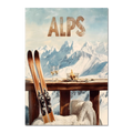 Après-Ski Alps Delight - Poster featuring skis, wine, and a scenic view of the snowy Alps.