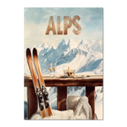 Après-Ski Alps Delight - Poster featuring skis, wine, and a scenic view of the snowy Alps.
