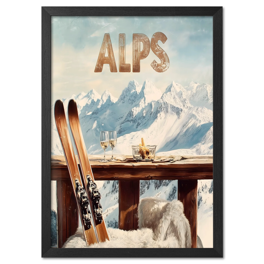 Après-Ski Alps Delight - Poster featuring skis and glasses of wine on a winter terrace overlooking the snowy Alps.