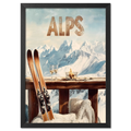 Après-Ski Alps Delight - Poster featuring skis and glasses of wine on a winter terrace overlooking the snowy Alps.
