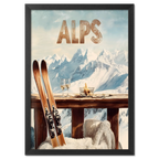Après-Ski Alps Delight - Poster featuring skis and glasses of wine on a winter terrace overlooking the snowy Alps.