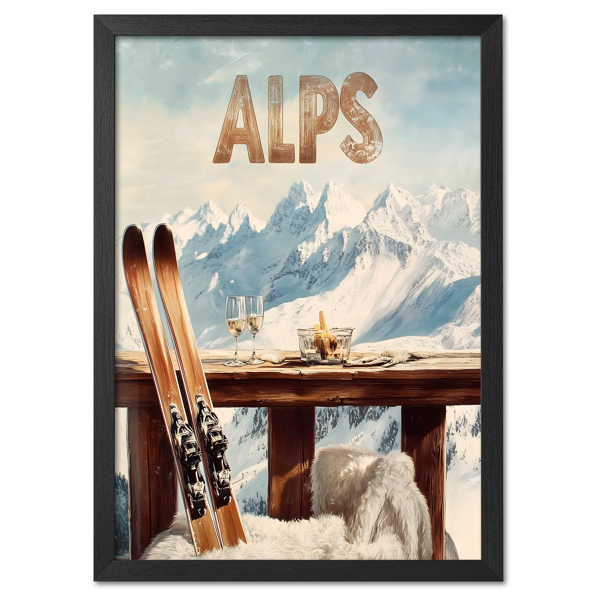 Après-Ski Alps Delight - Poster featuring skis and glasses of wine on a winter terrace overlooking the snowy Alps.