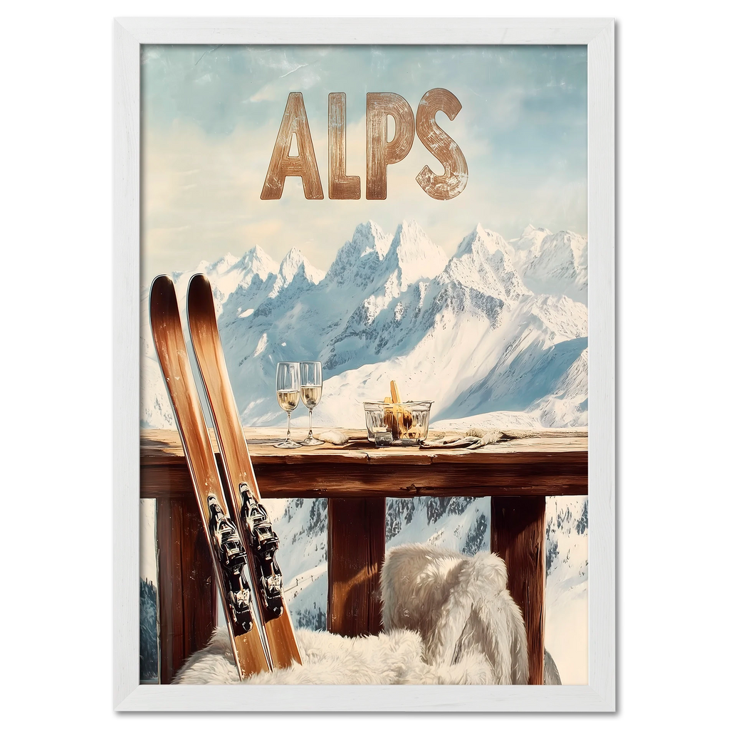 Après-Ski Alps Delight - Poster showing a serene winter terrace with skis, white wine, and majestic snowy Alps.