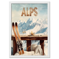 Après-Ski Alps Delight - Poster showing a serene winter terrace with skis, white wine, and majestic snowy Alps.