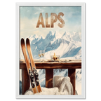 Après-Ski Alps Delight - Poster showing a serene winter terrace with skis, white wine, and majestic snowy Alps.
