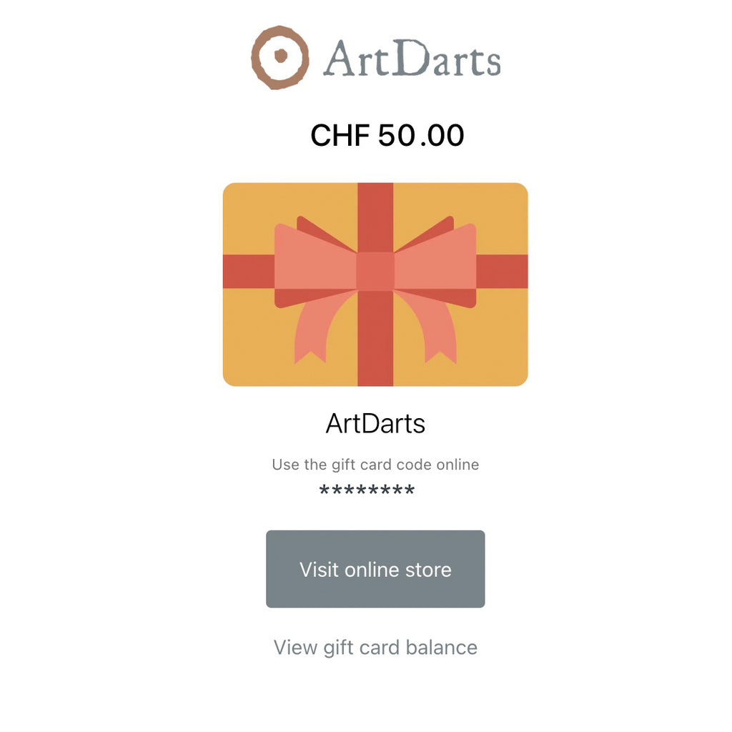 ArtDarts Gift Card - Digital featuring a gift card design with a CHF 50.00 value and instructions for use.
