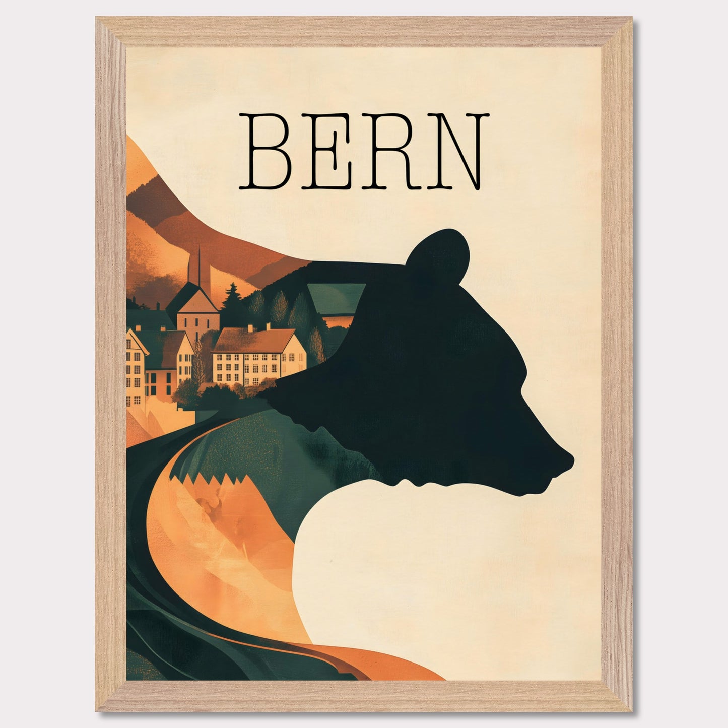 This minimalist travel poster captures the essence of Bern, Switzerland, with a flowing river winding through the city's historic heart. The design highlights the city's iconic medieval architecture, framed by the serene natural surroundings. The soft, muted tones evoke a sense of nostalgia and tranquility, making it a perfect representation of Bern’s timeless beauty.