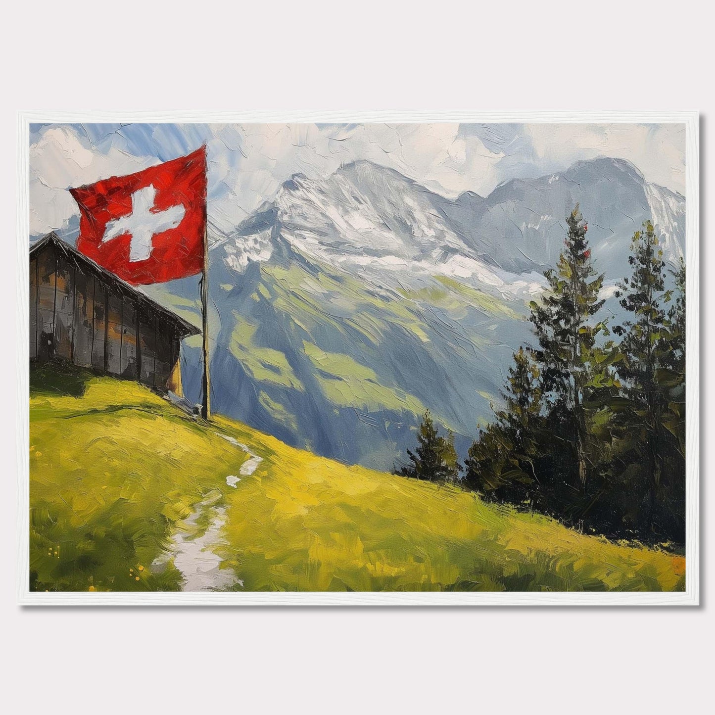 This stunning painting captures the serene beauty of a Swiss alpine landscape. A quaint wooden cabin is perched on a lush green hillside, with a vibrant Swiss flag fluttering proudly beside it. Majestic snow-capped mountains rise in the background, contrasting beautifully with the verdant foreground. Tall evergreen trees add depth and texture to the scene.