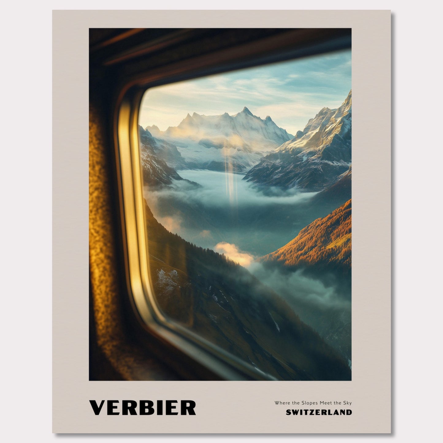 This poster showcases a mesmerizing view of the high-altitude slopes of Verbier, where mountain peaks seem to touch the sky. Thick mist covers the valleys below, creating a sense of mystery, while beams of sunlight break through the clouds, adding warmth and harmony to the scene.