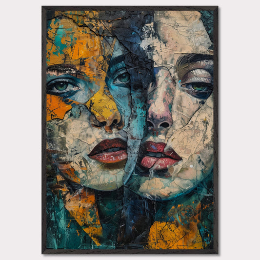 This captivating artwork features two intertwined, abstract faces with a rich blend of colors and textures. The painting exudes a sense of mystery and depth, drawing the viewer into its intricate details.