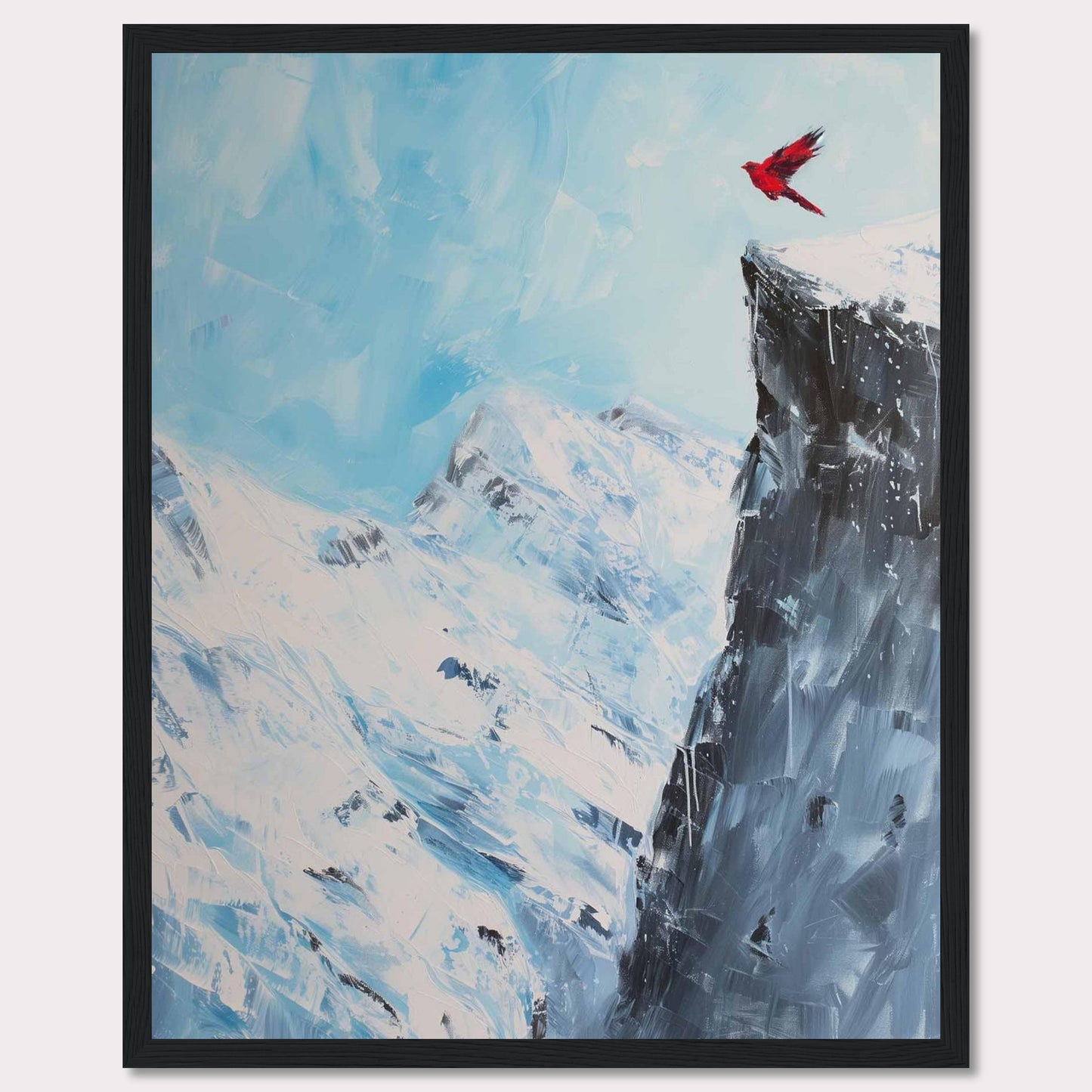 This stunning artwork captures a vibrant red bird soaring above a majestic snow-covered mountain peak, set against a serene blue sky. The contrast between the vivid bird and the icy landscape creates a striking visual impact.