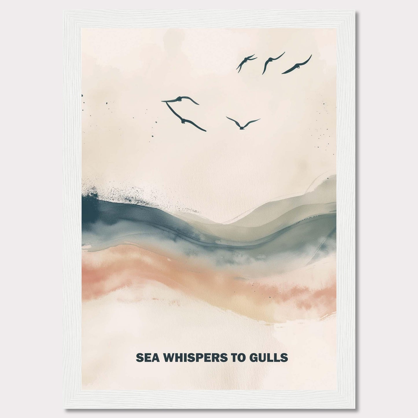 This serene artwork features a minimalist design with gentle waves and flying gulls. The soothing colors create a tranquil atmosphere, perfect for any space needing a touch of calm. The text "SEA WHISPERS TO GULLS" adds a poetic element to the piece.