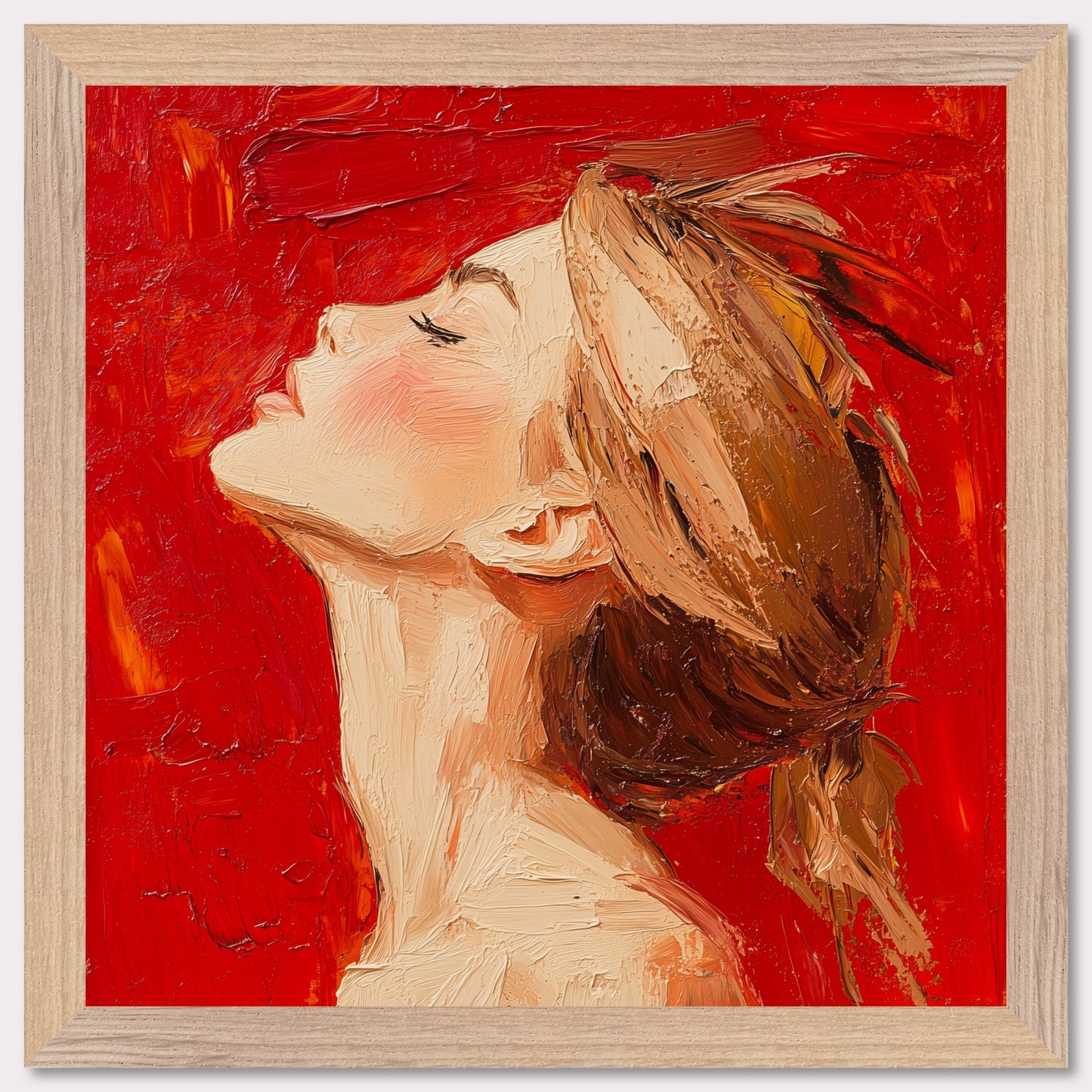 This is an illustration of a woman with her head tilted back and eyes closed, set against a vibrant red background. The artwork is characterized by thick, textured brushstrokes that give it a dynamic and expressive quality.