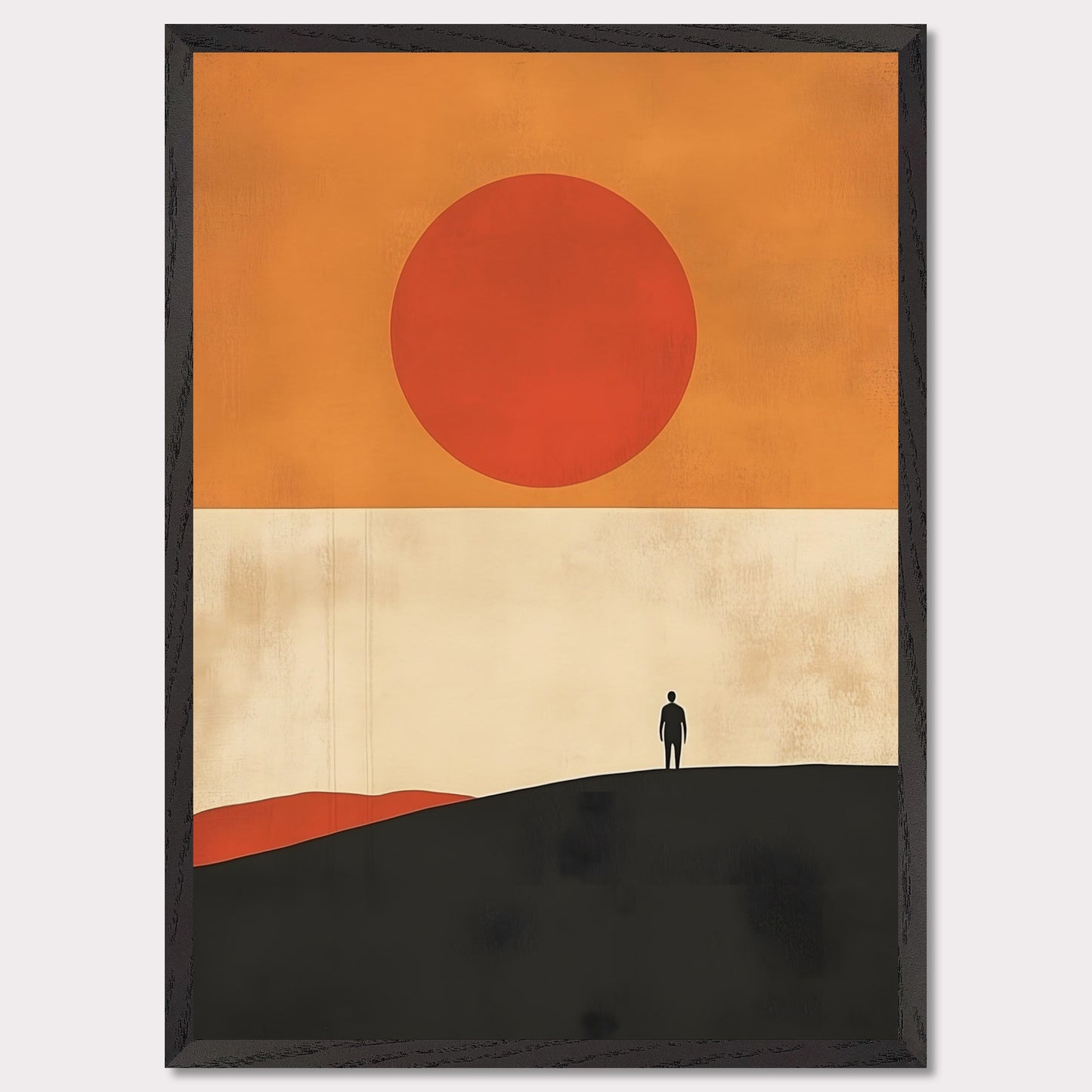 A striking minimalist artwork that conveys a sense of isolation and reflection. A lone figure stands on a hill under an oversized sun, evoking themes of wanderlust, contemplation, and the vastness of the world. The warm tones and simple composition give it a timeless, meditative feel.