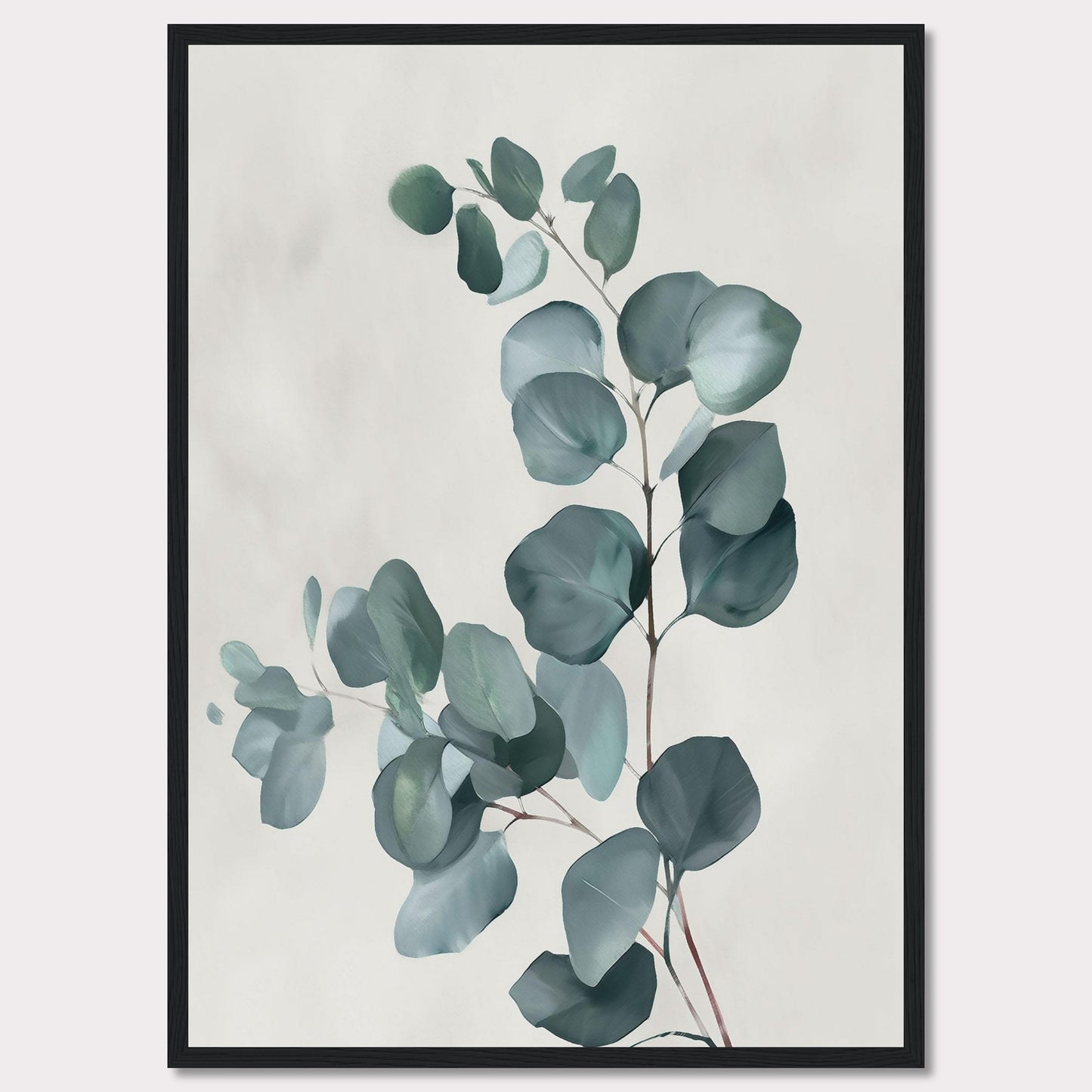 This image showcases a minimalist botanical artwork featuring eucalyptus leaves. The leaves are painted in soft, muted green tones against a light background, creating a serene and calming effect.