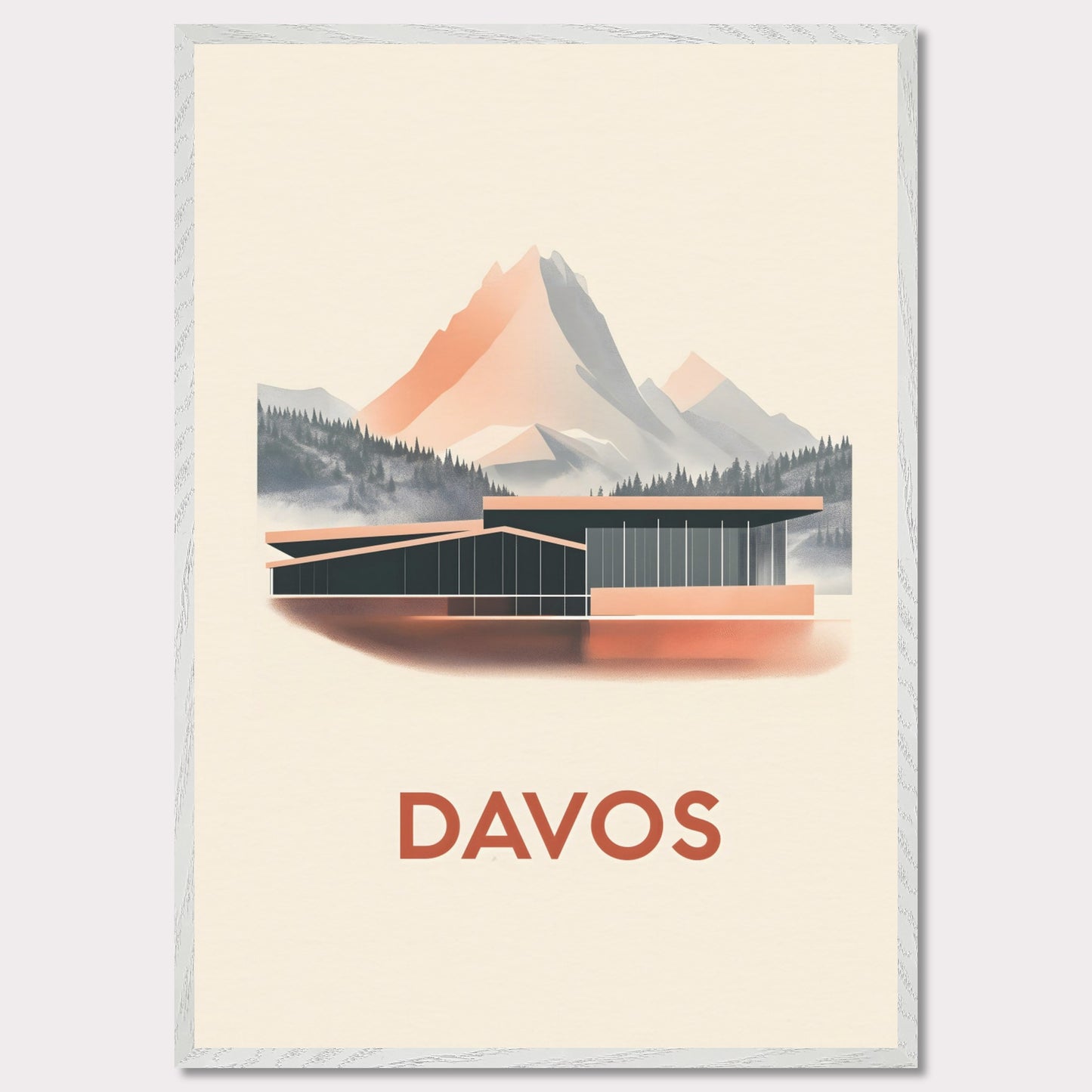 A refined travel poster showcasing Davos' modern architecture against breathtaking alpine peaks. The sleek lines of the building contrast harmoniously with the rugged mountains, embodying the balance between innovation and nature.