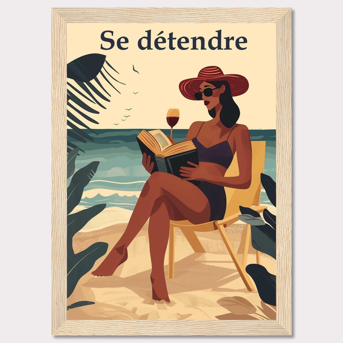 This illustration captures a serene beach scene with a woman relaxing on a chair, reading a book, and enjoying a glass of wine. The text "Se détendre" at the top translates to "Relax" in English.