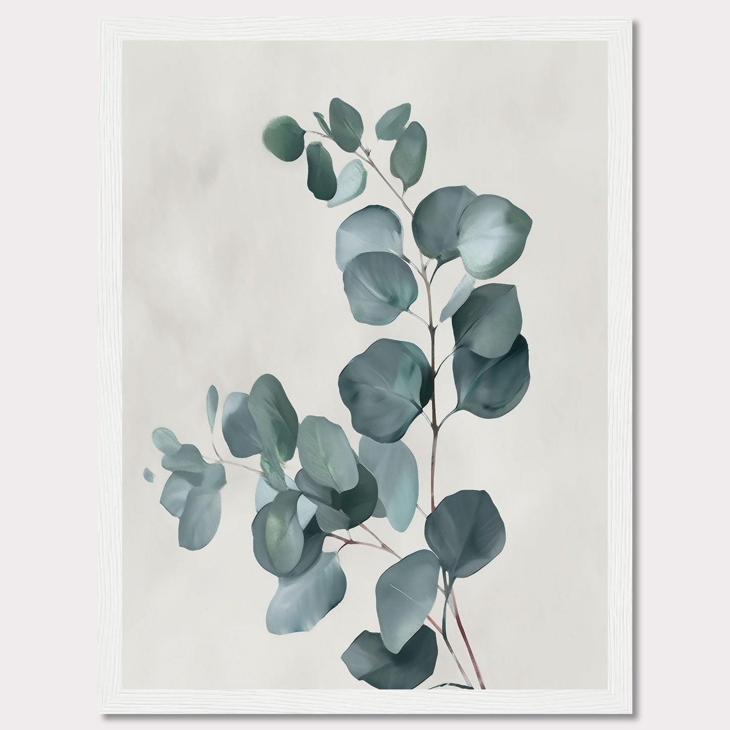 This image showcases a minimalist botanical artwork featuring eucalyptus leaves. The leaves are painted in soft, muted green tones against a light background, creating a serene and calming effect.