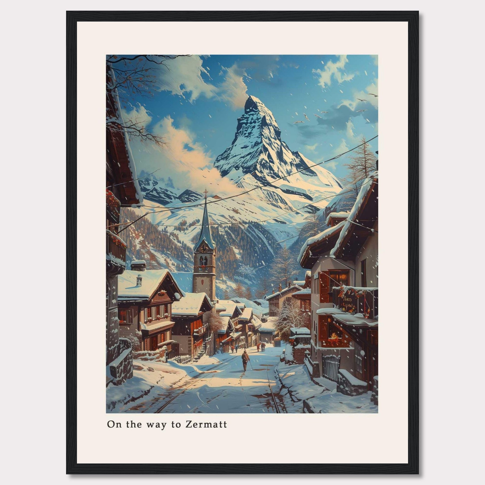 This beautiful artwork captures a serene winter scene on the way to Zermatt, featuring snow-covered rooftops and a majestic mountain in the background.