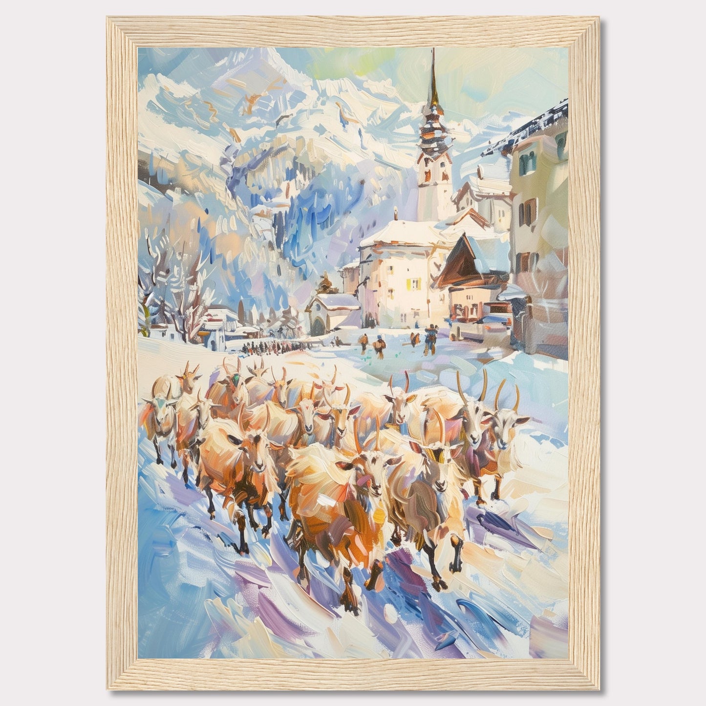 This captivating painting depicts a serene winter village scene with a herd of sheep being guided through the snow-covered streets. The backdrop features majestic snow-capped mountains and charming alpine architecture, including a prominent church steeple.