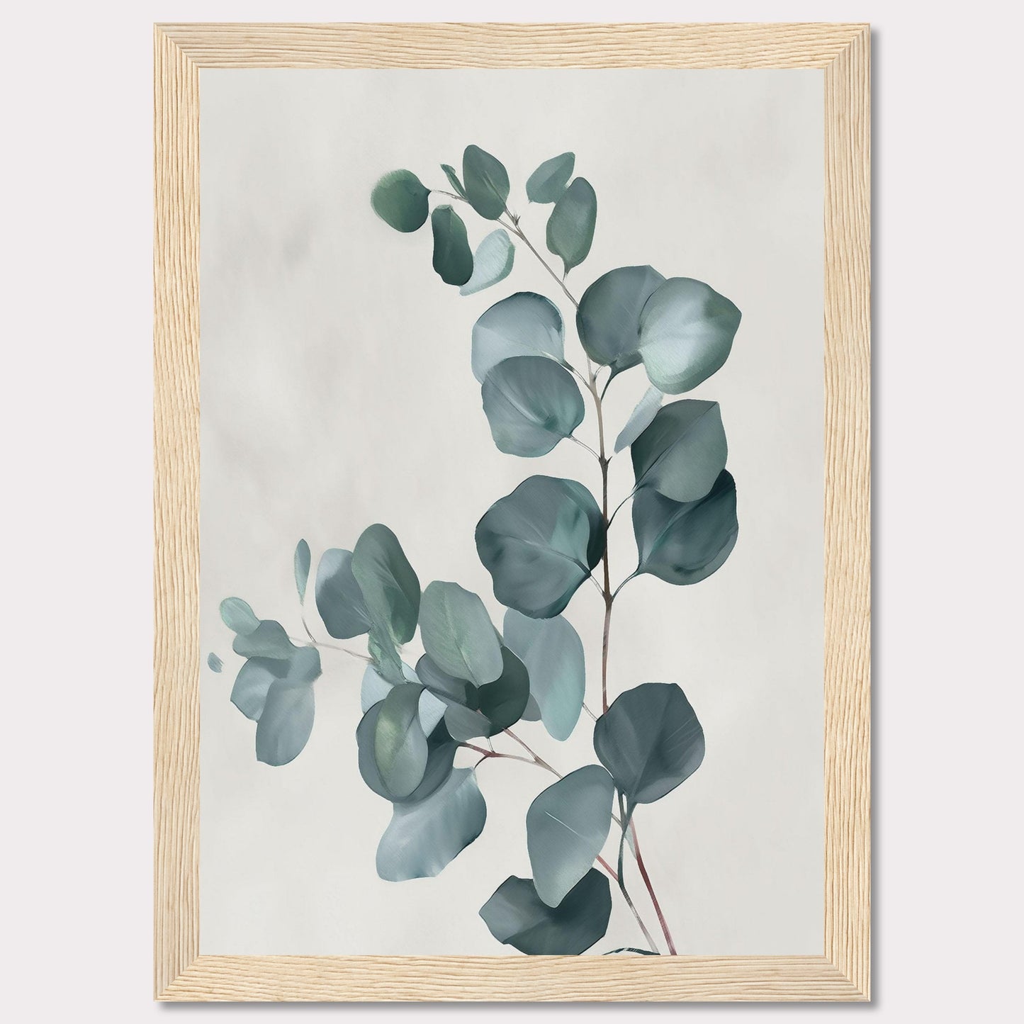 This image showcases a minimalist botanical artwork featuring eucalyptus leaves. The leaves are painted in soft, muted green tones against a light background, creating a serene and calming effect.