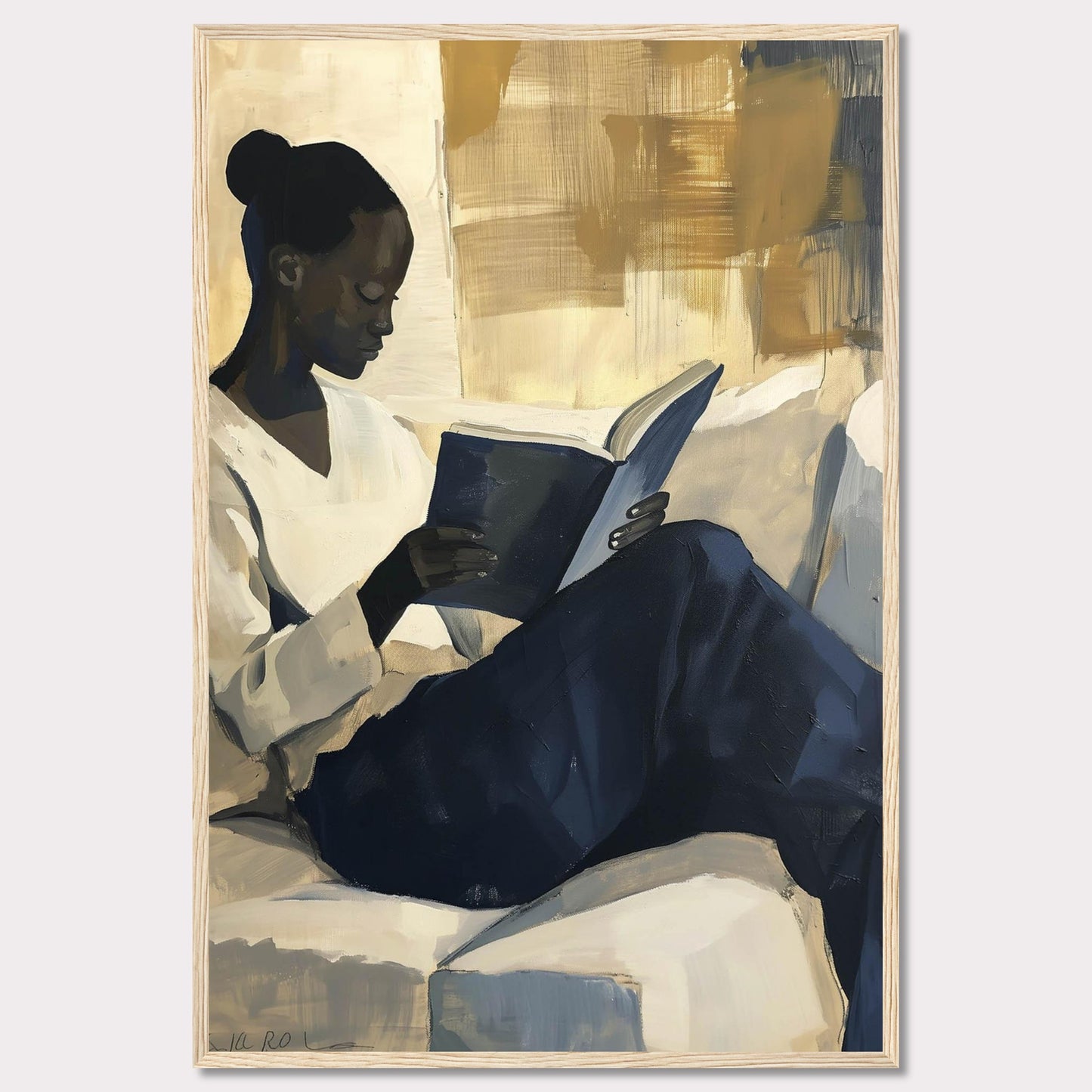 This painting captures a serene moment of a woman deeply engrossed in a book. The artwork uses a muted color palette with shades of beige, blue, and gold, creating a calm and contemplative atmosphere.