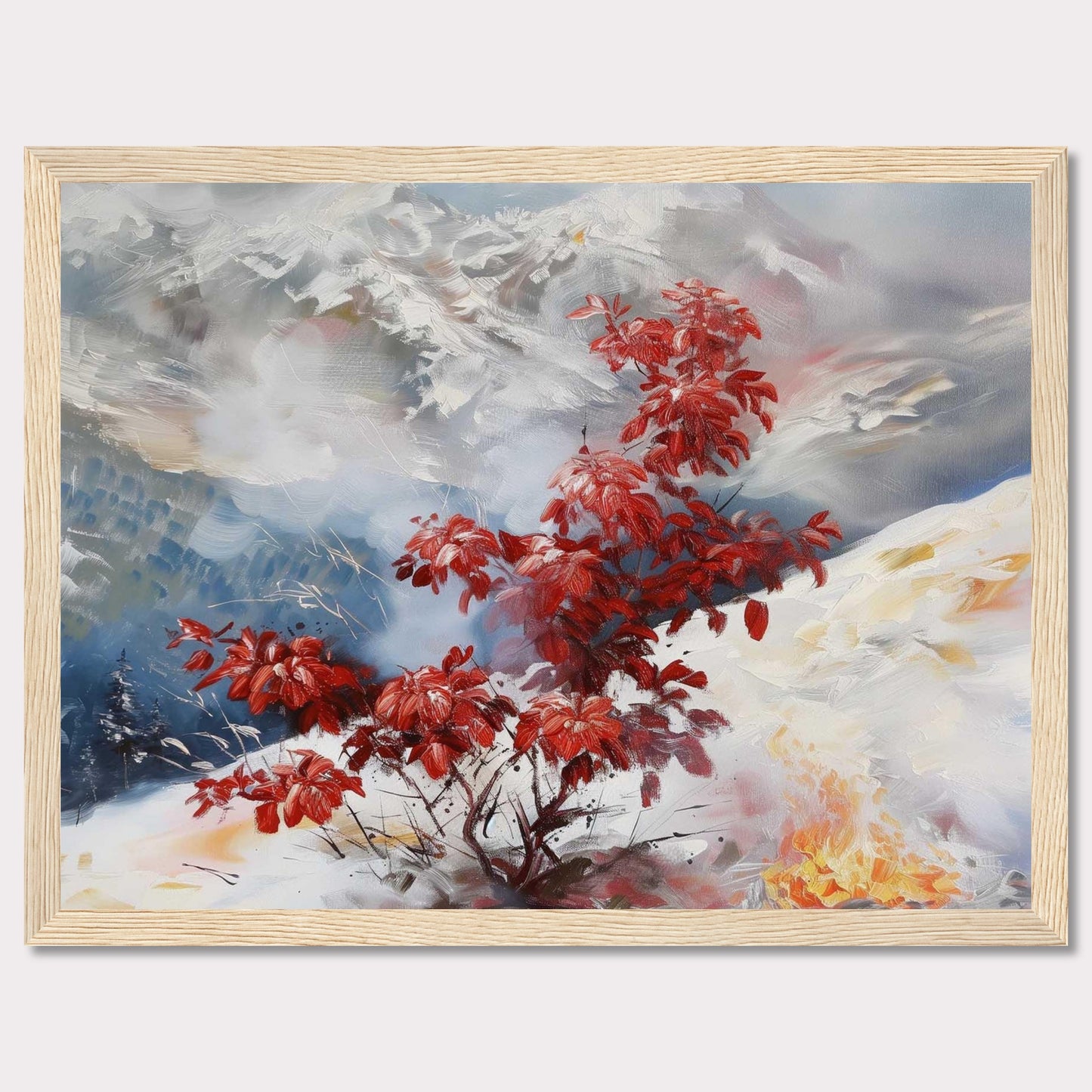 This captivating painting features a vibrant red bush standing out against a serene, snowy landscape. The background showcases majestic mountains partially obscured by mist, adding depth and mystery to the scene. The contrast between the fiery red leaves and the cool, muted tones of the snow and sky creates a striking visual effect.