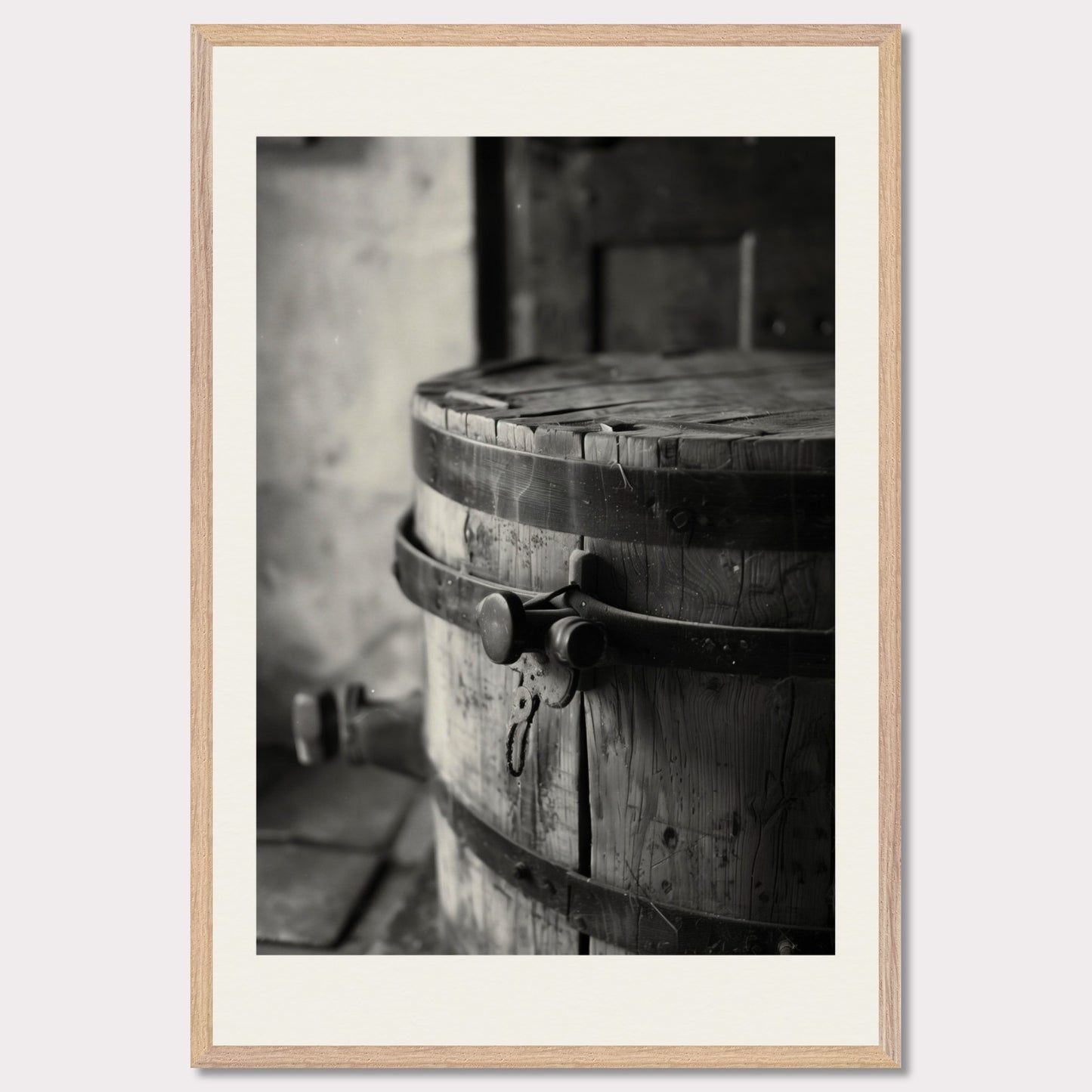 This black and white illustration depicts an old wooden barrel with metal bands, placed in a rustic setting.