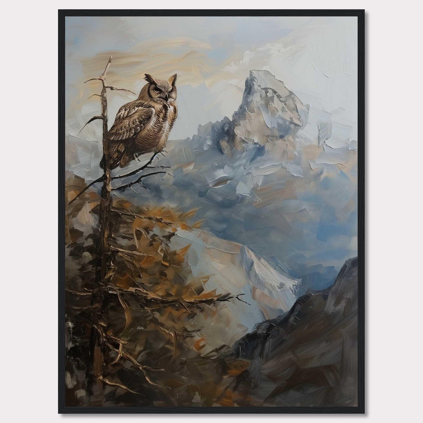 This captivating painting depicts a majestic owl perched on a branch, overlooking a rugged mountain landscape. The scene is rendered in rich, earthy tones and dynamic brushstrokes, capturing the serene yet powerful essence of nature.