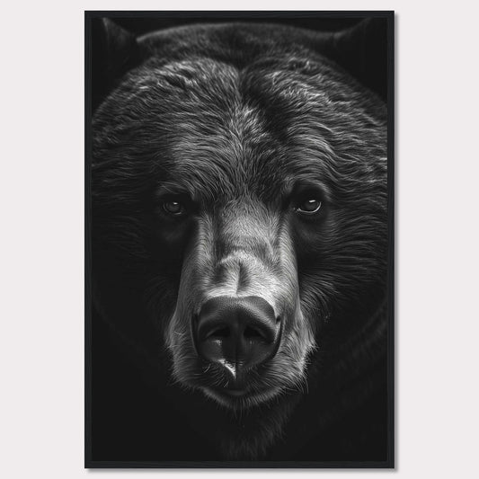 This striking black and white photograph captures the intense gaze of a bear, emphasizing its powerful presence and majestic features. The close-up shot highlights the intricate details of the bear's fur and facial structure, creating a captivating and dramatic effect.