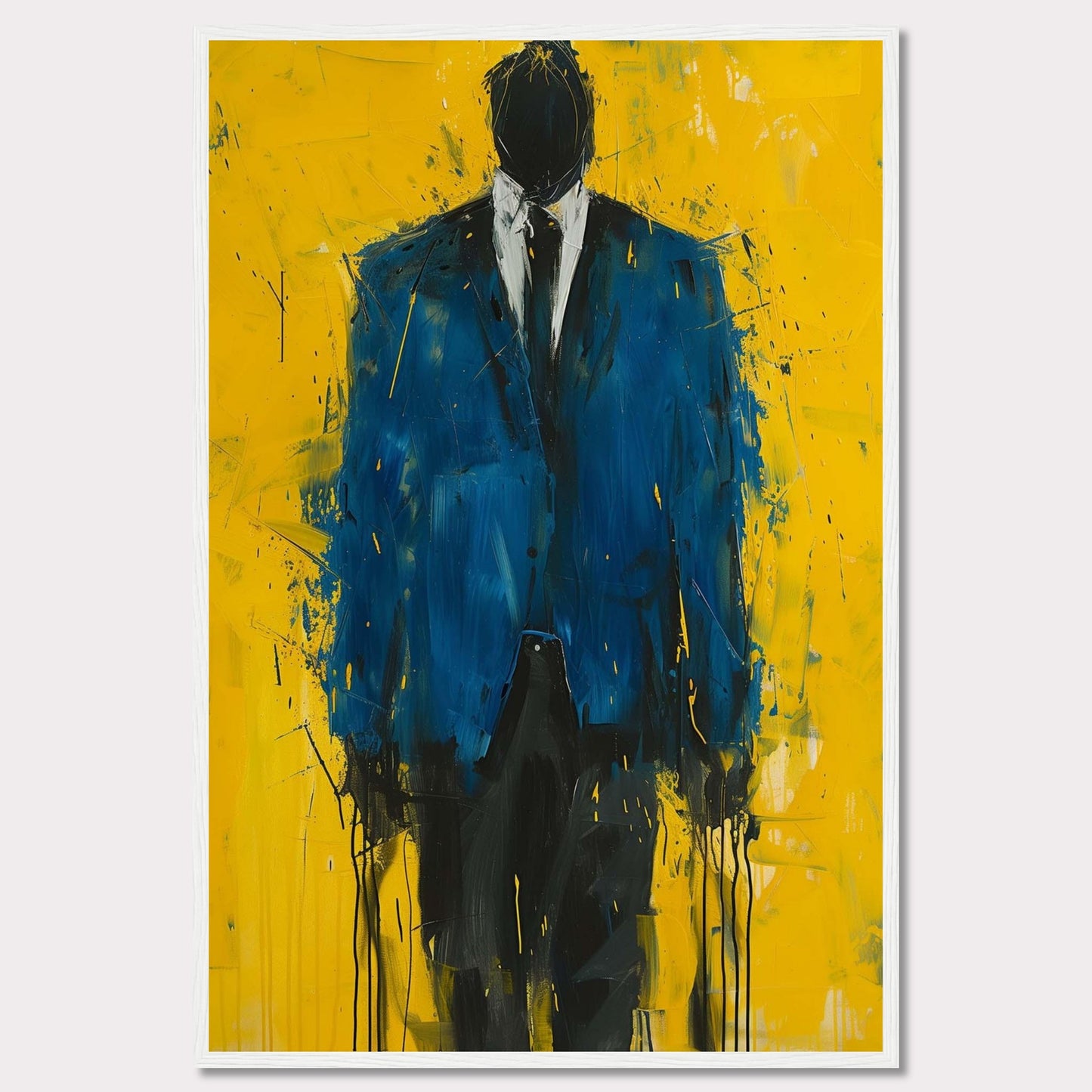 This striking painting features a faceless figure in a blue suit against a vibrant yellow background. The abstract style and bold colors create a powerful visual impact.