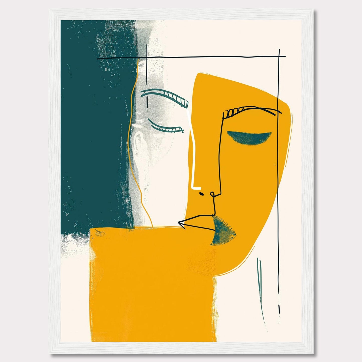 This captivating abstract art piece features a minimalist line drawing of a face, blending bold colors and simple shapes to create a striking visual impact. The artwork combines teal, mustard yellow, and white, with a black frame adding a touch of sophistication.