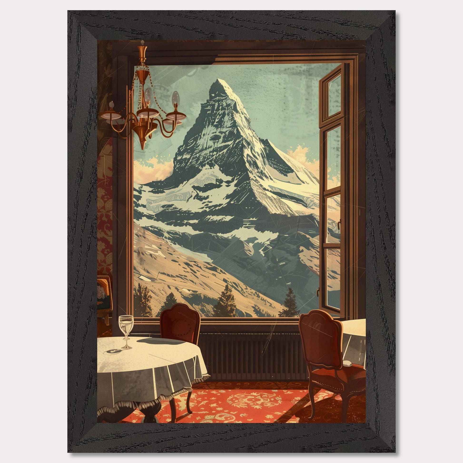 Witness the breathtaking view of a majestic snow-capped mountain through an elegantly framed window. This serene setting features a cozy dining area with classic furniture, a radiant chandelier, and a beautifully patterned carpet.