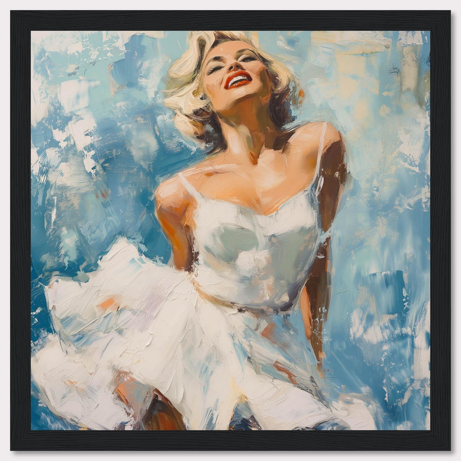 This vibrant painting captures the essence of joy and elegance, featuring a woman in a flowing white dress against a dynamic blue background. The bold brushstrokes and vivid colors evoke a sense of movement and freedom.