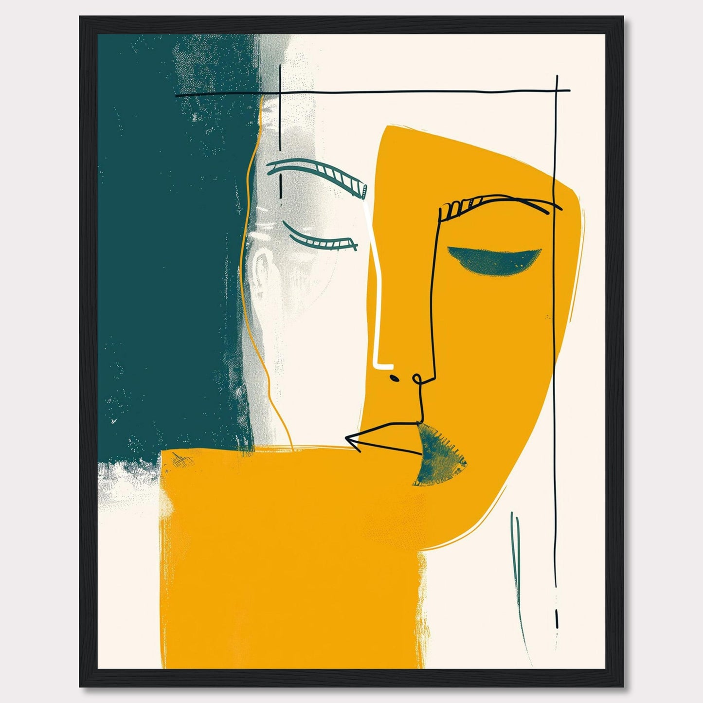 This captivating abstract art piece features a minimalist line drawing of a face, blending bold colors and simple shapes to create a striking visual impact. The artwork combines teal, mustard yellow, and white, with a black frame adding a touch of sophistication.