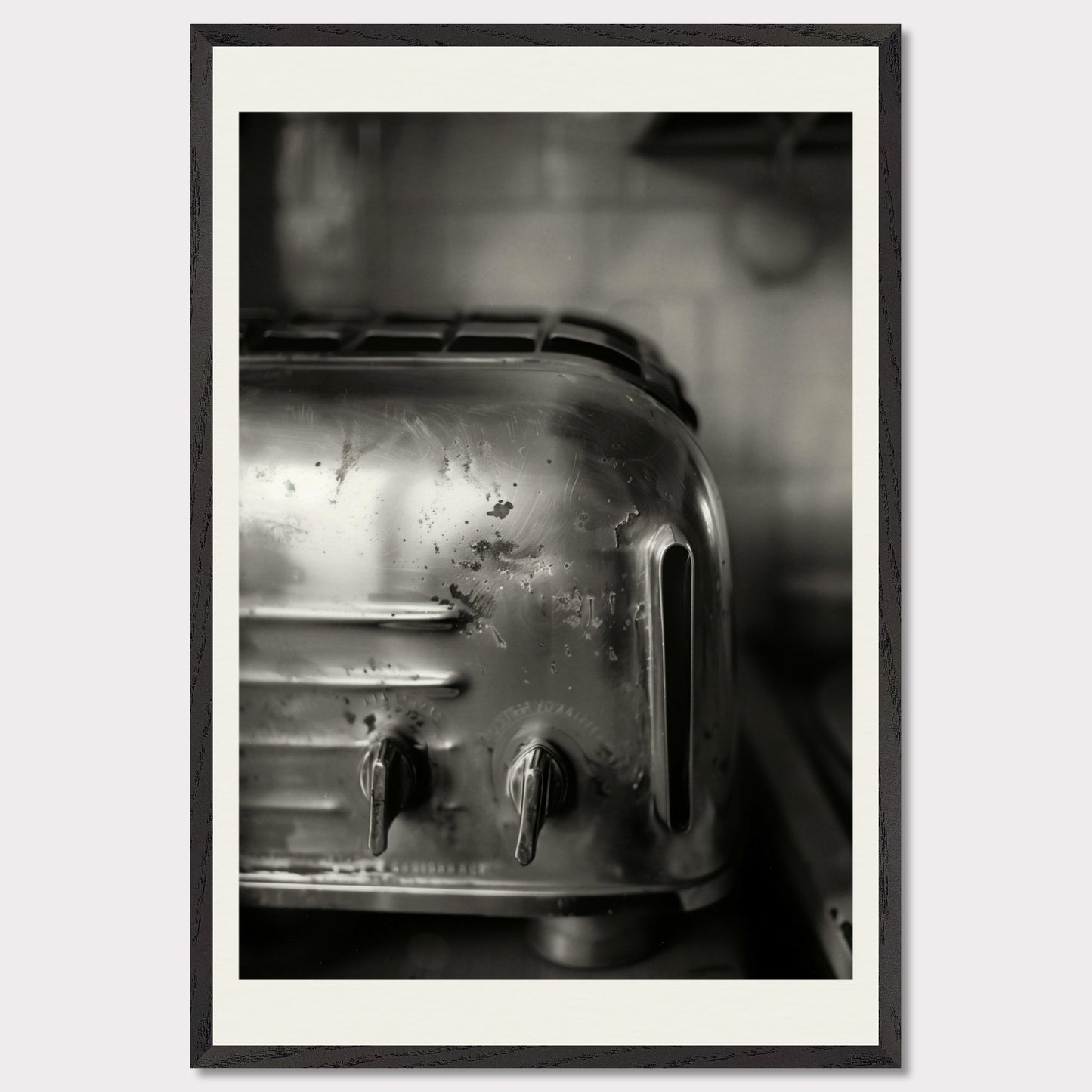 This illustration depicts a close-up view of a vintage toaster in black and white.