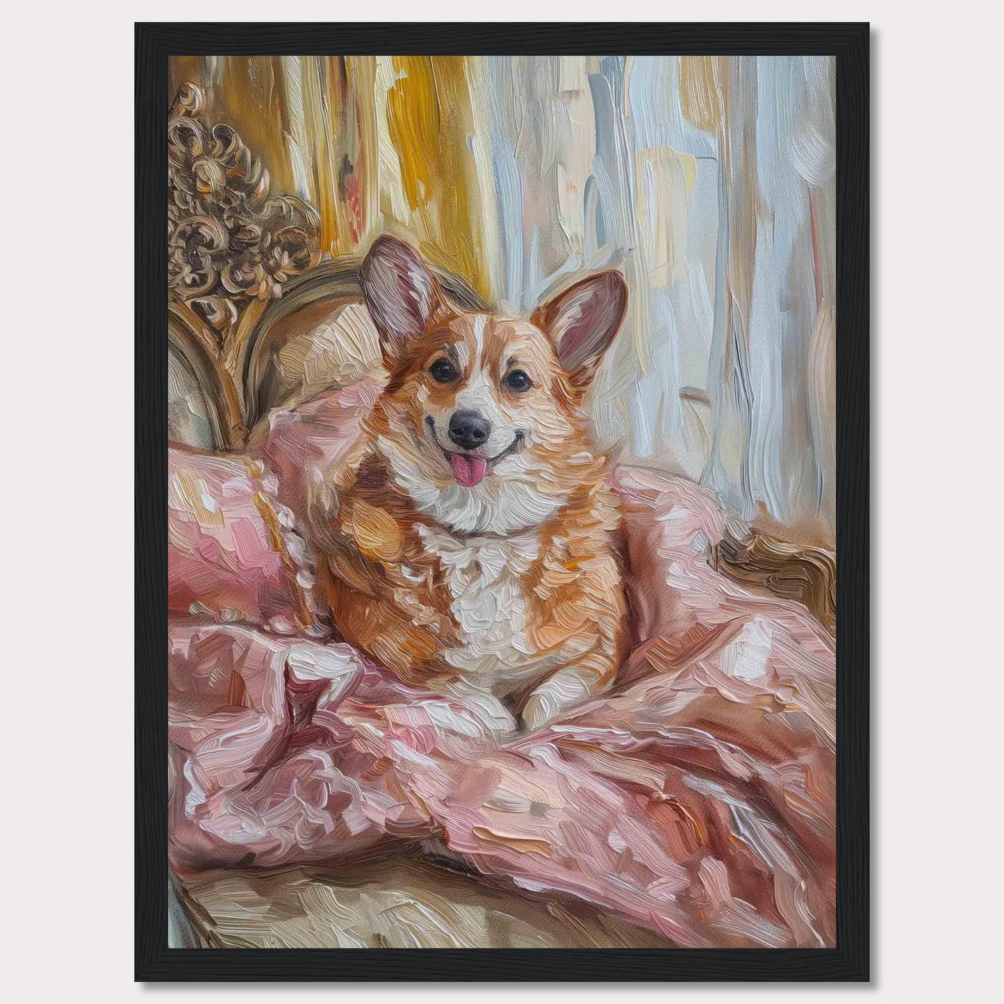 This charming painting captures a joyful corgi nestled in luxurious pink bedding, exuding warmth and happiness. The background features elegant drapery and ornate furniture, adding a touch of sophistication to the scene.