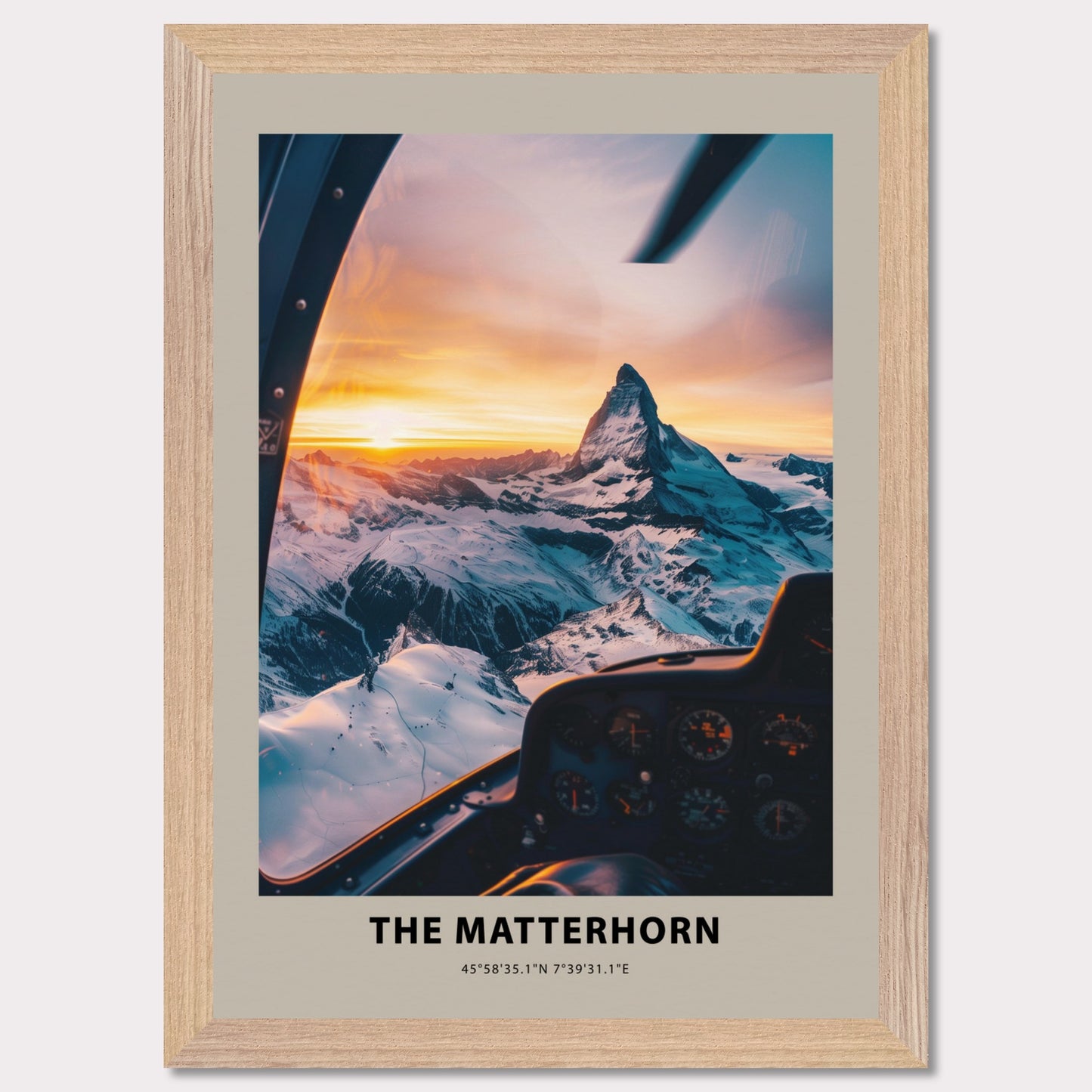 This stunning photograph captures the majestic Matterhorn at sunset, viewed from the cockpit of an aircraft. The snow-covered peaks and the golden hues of the sky create a breathtaking scene.