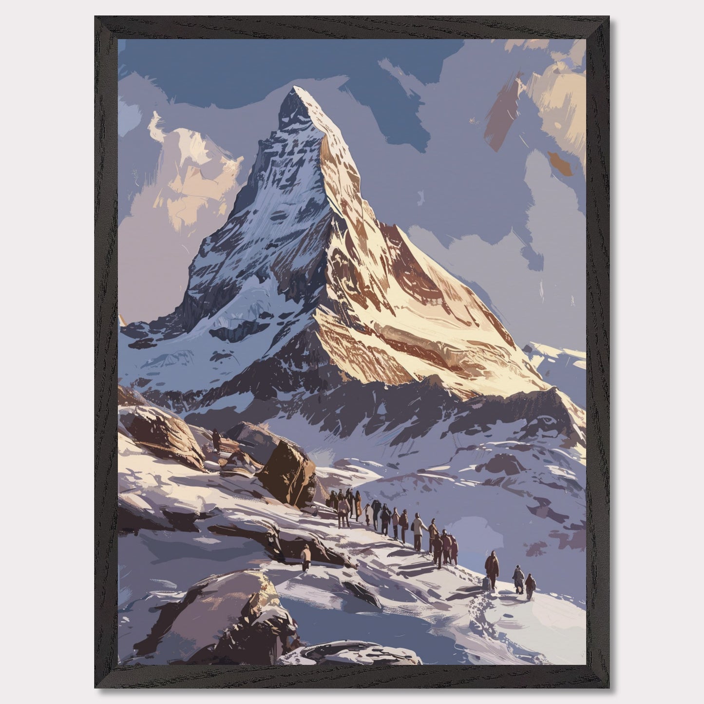 Experience the majestic beauty of this stunning mountain landscape. The image captures a group of adventurers trekking up a snow-covered path towards a towering, sunlit peak. The sky above is clear with a few clouds, adding depth and contrast to the scene. The rugged terrain and the determination of the climbers evoke a sense of awe and inspiration.