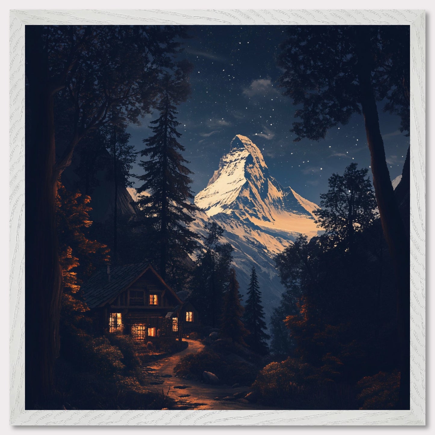 This breathtaking poster showcases the iconic Matterhorn mountain towering over a tranquil village at night, with the snow gently illuminated by the moon. The retro-inspired design and warm lighting from the chalets create a peaceful and majestic atmosphere, emphasizing the serene beauty of the Swiss Alps. This timeless poster captures the allure of winter in the Alps, making it a perfect reminder of the awe-inspiring landscapes and alpine tranquility.